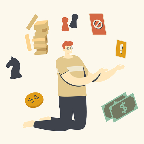 Cheerful Male Character surrounded with Equipment for Playing Board Game. Spare Time Recreation, Weekend Activity, Leisure and Happy Relax with Friends, Strategy Gaming. Linear Vector Illustration