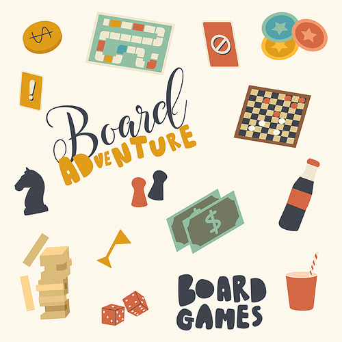 Set of Icons Board Game Theme. Chess Figures, Map and Dice, Wooden Blocks, Dollars and Chips with Beverages. Friends Adventure, Home Recreation or Activity Relax Spare Time. Linear Vector Illustration