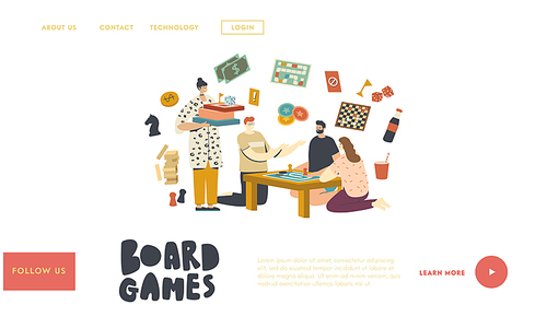 Characters Playing Board Games Landing Page Template. People Play Together on Weekend Sitting Around Table. Sparetime in Friends Company, Leisure, Recreation Fun, Amusement. Linear Vector Illustration