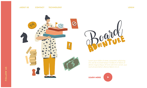 Spare Time Recreation, Weekend Home Activity Landing Page Template. Female Character Holding Equipment for Playing Board Game. Leisure with Friends or Family, Entertainment. Linear Vector Illustration