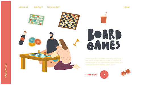 Characters Sitting at Table Playing Board Game Landing Page Template. Couple Spare Time Recreation, Weekend Activity, Leisure and Happy Relax with Friend or Spouse. Linear People Vector Illustration