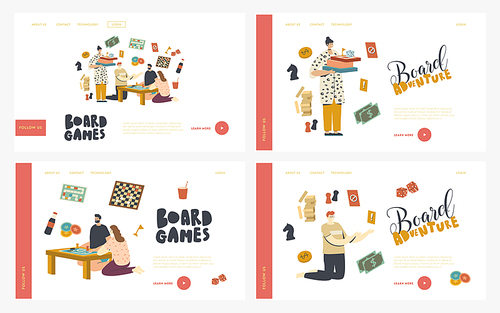 Characters Playing Board Games Landing Page Template Set. People Play on Weekend Sitting Around Table. Sparetime in Friends Company, Leisure, Recreation Fun, Amusement. Linear Vector Illustration