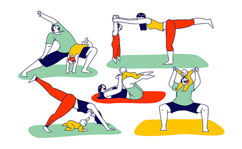 Family Yoga with Baby. Young Athlete Man and Woman Characters Doing Fitness or Aerobics Exercise with Little Child. Father or Mother Workout Together with Kid in Gym. Linear People Vector Illustration