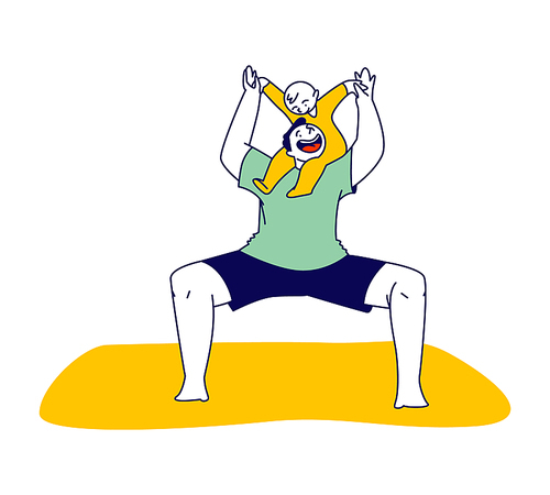 Young Man Practicing Yoga Sports Activity with Baby at Home. Male Character Squat Stretching Legs and Arms. Flexibility Exercise Body Relaxation, Healthy Lifestyle. Linear People Vector Illustration