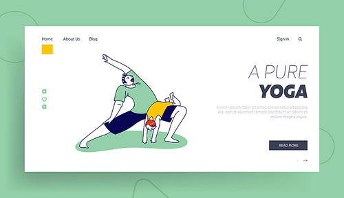 Man Doing Exercises or Yoga Together with Little Baby Landing Page Template. Male Character Conducting Healthy Lifestyle Doing Stretching Lunges with Child on Knee. Linear People Vector Illustration