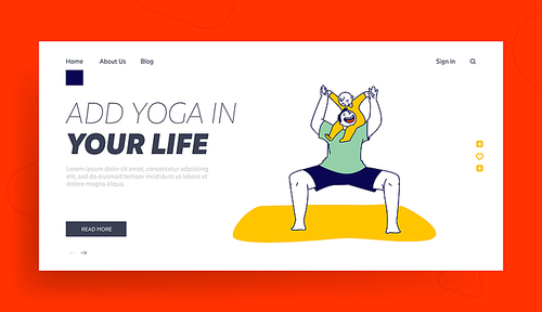 Male Character Squat and Stretching with Child Landing Page Template. Man Practicing Yoga Sports Activity with Baby at Home. Flexibility Exercise, Healthy Lifestyle. Linear People Vector Illustration