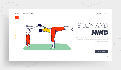 Yoga Exercises with Child Landing Page Template. Woman Character Doing Stretching or Fitness, Sport and Healthy Lifestyle. Girl Practicing Gymnastics Workout Class. Linear People Vector Illustration