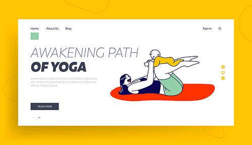 Mother and Child Training Landing Page Template. Female Character Fitness, Yoga or Aerobics Exercise with Baby for Good Feeling and Healthy Life, Sport Activity. Linear People Vector Illustration