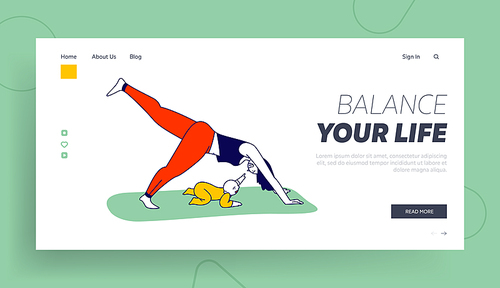 Yoga Class Practice with Child Landing Page Template. Young Woman Character Stand in Yoga Posture Exercising with Baby at Home. Emotional Balance and Mind Harmony. Linear People Vector Illustration