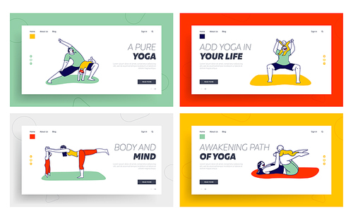 Family Yoga with Baby Landing Page Template Set. Dad and Mom Characters Doing Fitness Aerobics Exercise with Little Child. Father, Mother Workout Together with Kid. Linear People Vector Illustration