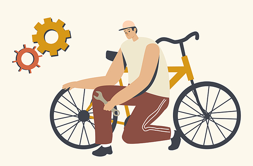 Sportsman, Mechanic or Driver Male Character Stand on Knees near Broken Bicycle Holding Spare Wheel in Hands, Checking and Maintenance Wheels, City Repair Service. Linear Vector Illustration