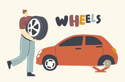 Mechanic or Driver Character Fixing Broken Car Wheel, Man Holding Spare Tyre in Hands, Checking and Maintenance Auto, City Transportation Repair Service, Road Accident. Linear Vector Illustration