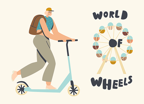 Woman Cyclist Riding Push Scooter Outdoors in Summer Day. Active Sport Life and Healthy Lifestyle Activity, Ecology Wheeled Transport in Town, Female Character Rider. Linear Vector Illustration