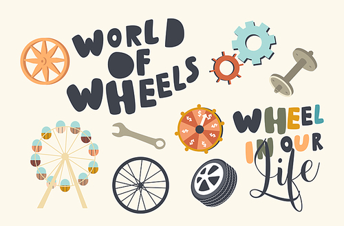 Set of Icons Wheels in Human Life Theme. Ferris, Bicycle, Automobile Wheels, Lottery Lucky Fortune, Wrench and Dumbbell with Cogwheels. Technologies Development Concept. Linear Vector Illustration