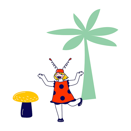 Little Playful Girl Character Wearing Costume of Ladybug with Painting on Face Playing and Fooling in Amusement Park or Birthday Party Celebration, Kindergarten Theater. Linear Vector Illustration