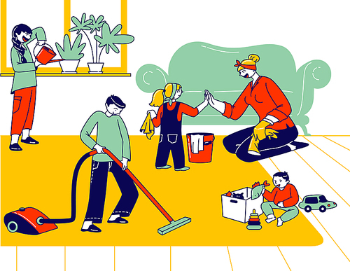 Children Help Mother to Clean Home. Little Helpers Kids Characters Household Activity Watering Plants, Vacuuming Floor, Wipe Dust. Big Happy Family Weekend Chores. Linear People Vector Illustration