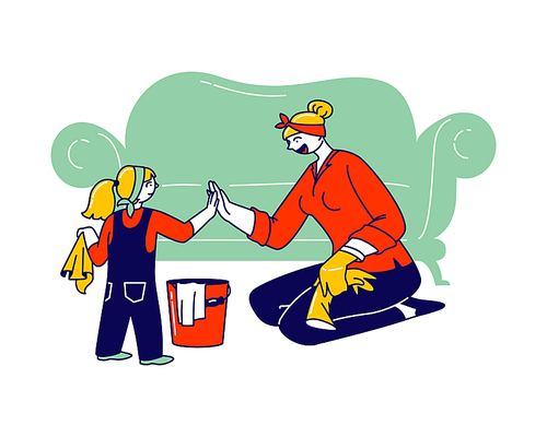 Mother and Little Daughter Characters Household Activities. Young Woman and Girl Giving High Five, Cleaning Home and Wiping Dust Together. Weekend Chores and Duties. Linear People Vector Illustration