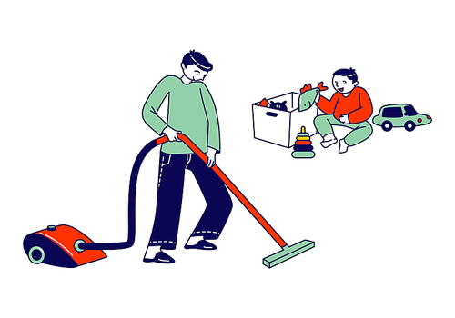 Boy Character Doing Domestic Work, Cleaning Floor Baby Sitting on Carpet. Child Helper Vacuuming Home with Vacuum Cleaner in Living Room. Every Day Routine, Weekend Chores. Linear Vector Illustration