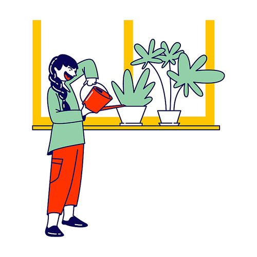 Child Helper Watering Home Plant in Flowerpot on Windowsill from Watering Can. Gardening Hobby, Girl Character Care of Domestic Flower in Pot at Home or Greenhouse, Chores. Linear Vector Illustration