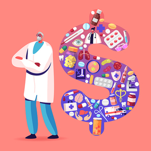 Senior Doctor Character Wearing White Robe Stand with Crossed Arms near Huge Dollar Sign Made of Medical Stuff, Drugs and Items. Medicine Price and Service Cost Concept. Cartoon Vector Illustration