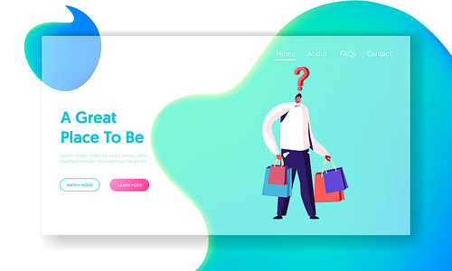 Seasonal Sale, Discount Website Landing Page. Young Man Shopaholic with Question Mark above Head Holding Colorful Shopping Bags Doing Shopping in Store Web Page Banner Cartoon Flat Vector Illustration