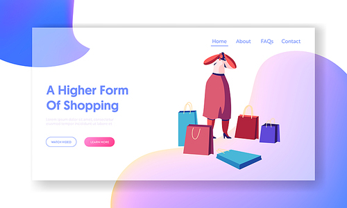 Girl Shopper in Store Website Landing Page. Woman Shopaholic with Shopping Bags Holding Head Frustrated about Making Lot of Useless Purchases in Mall Web Page Banner. Cartoon Flat Vector Illustration