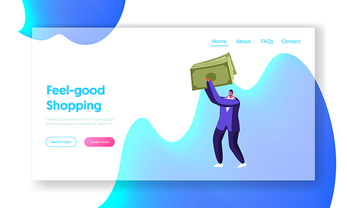 Total Sale and Shopaholic Activity Website Landing Page. Young Man Customer Holding Huge Money Bill. Special Shopping Promotion, Discount Offer Web Page Banner. Cartoon Flat Vector Illustration