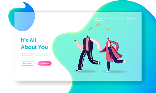 Seasonal Sale Website Landing Page. Cheerful Shopaholic Couple Run Together with Money around. Happy Man and Woman Buyers Have Fun Doing Shopping Web Page Banner. Cartoon Flat Vector Illustration