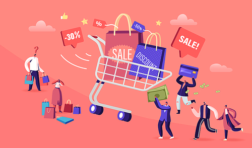 Seasonal Sale with Discount Coupons. Cheerful Shopaholic People with Trolley Full of Purchases and Gifts. Happy Men and Women with Packages. Buyers Have Shopping Fun Cartoon Flat Vector Illustration
