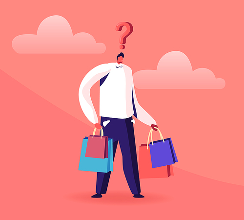 Young Man with Question Mark above Head Hold Colorful Shopping Bags. Male Character Doing Shopping. Seasonal Sale, Discount, Shopaholic with Purchases in Paper Packs. Cartoon Flat Vector Illustration
