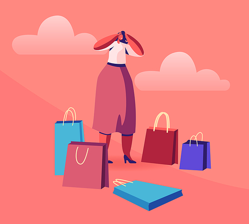 Young Woman Shopaholic Stand Surrounded with Many Colorful Shopping Bags Holding Head Frustrated about Making Lot of Useless Purchases in Mall. Girl Shopper in Store Cartoon Flat Vector Illustration