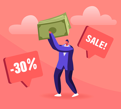 Total Sale Concept. Young Man Customer Holding Huge Money Bills with Percent Symbol. Special Shopping Offer Promotion Discount and Price Off Day, Shopper Activity Cartoon Flat Vector Illustration