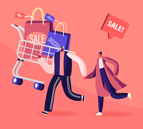 Cheerful Shopaholic Couple with Trolley Full of Purchases and Gifts. Happy Man and Woman with Packages. Buyers Have Fun Doing Shopping. Seasonal Sale, Discount Coupon Cartoon Flat Vector Illustration