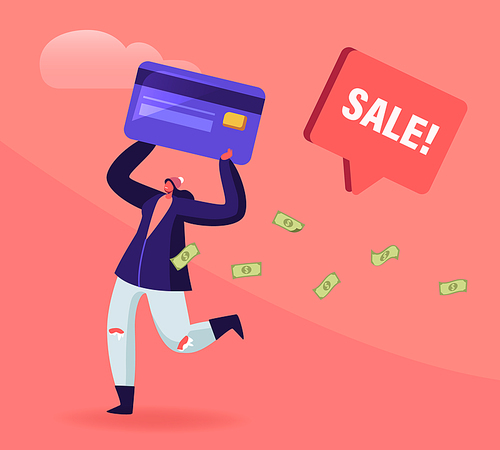 Total Sale and Festive Discount Concept. Tiny Female Character Holding Huge Credit Card with Money Bills around. Happy Woman Shopping Recreation, Price Off Promo. Cartoon Flat Vector Illustration
