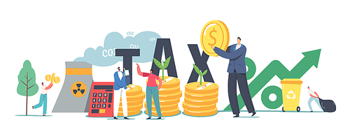 Green Co2 Taxes Concept. Tiny Male and Female Characters at Huge Coins Piles with Sprouts Growing and Factory Pipe Emitting Smoke. Taxation for Nature Pollution. Cartoon People Vector Illustration