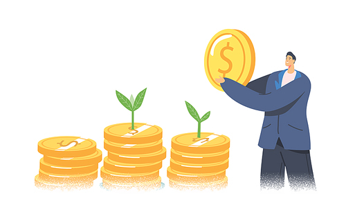 Eco Business Corporate Social Responsibility, Green Co2 Tax Concept. Businessman Character Holding Huge Golden Coin, at Money Piles with Green Plant Sprouts Growing on Top. Cartoon Vector Illustration