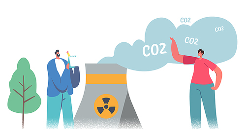Green Co2 Taxes Concept. Male and Female Characters at Factory Pipe Emitting Toxic Smoke. Taxation for Nature Pollution, Ecology Protection Solution, Contamination. Cartoon People Vector Illustration