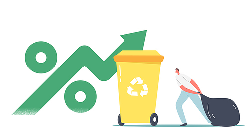Male Character Carry Bag Trash to Litter Bin with Recycle Sign and Huge Green Arrow with Percent Symbol. Stop Pollution, Co2 Tax Concept, Ecology Problem Solution. Cartoon Vector Illustration