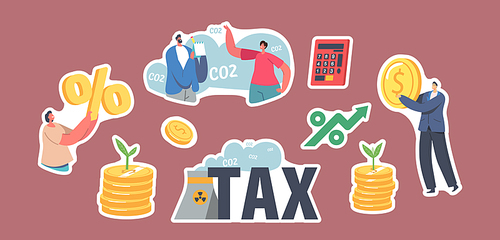 Set of Stickers Green Co2 Tax Theme. Characters with Gold Coin and Percent Symbol. Sprout Grow on Money Pile, Calculator and Factory Pipe Emitting Toxic Smoke in Air. Cartoon Vector Illustration