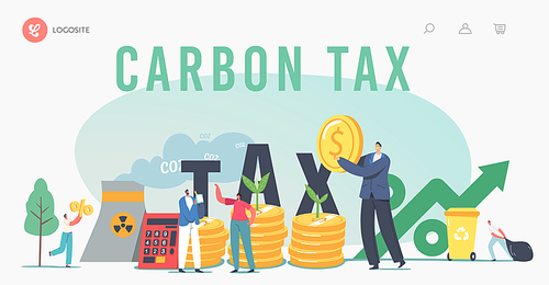 Green Co2 Taxes Landing Page Template. Tiny Characters at Huge Coins Piles with Sprouts Growing and Factory Pipe Emitting Smoke. Taxation for Nature Pollution. Cartoon People Vector Illustration