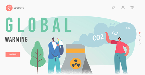 Global Warming, Green Co2 Taxes Global Warming Landing Page Template. Characters at Factory Pipe Emitting Toxic Smoke. Nature Pollution, Ecology Contamination. Cartoon People Vector Illustration