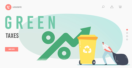 Stop Pollution, Co2 Green Tax, Ecology Problem Solution Landing Page Template. Male Character Carry Bag Trash to Litter Bin with Recycle Sign and Huge Arrow with Percent. Cartoon Vector Illustration