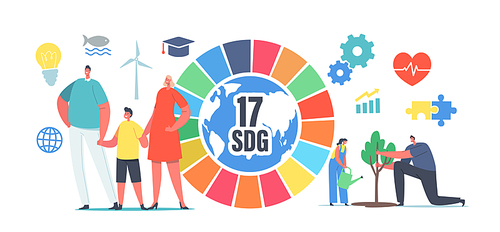 Sustainable Development Goals Ecological Concept. People Use Green Energy, Saving Planet, Growing Plants. Tiny Male and Female Characters at Huge 17 SDG Colorful Wheel. Cartoon Vector Illustration