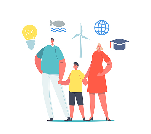 Family Characters Mother, Father and Little Child Holding Hands with SDG Ecology Icons Glowing Light Bulb, Fish in Ocean, Wind Mill, Earth Globe and Academic Cap. Cartoon People Vector Illustration