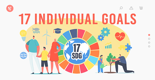 17 Individual Goals, Sustainable Development Landing Page Template. People Use Green Energy, Saving Planet, Growing Plants. Tiny Characters at Huge SDG Colorful Wheel. Cartoon Vector Illustration