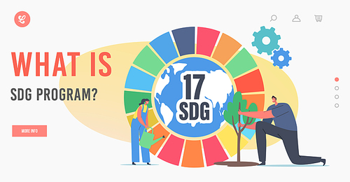 What is SDG Program Landing Page Template. Characters Watering Green Plant at Colorful Wheel with Sustainable Development Goals, Planting New Trees, Save Nature Concept. Cartoon Vector Illustration