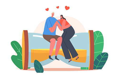 Happy Loving Couple of Man and Woman Holding Hands, Hugging Sitting on Huge Hourglass. Joyful Lover Relationship, Dating, Characters Romantic Feelings, Romance Love. Cartoon People Vector Illustration