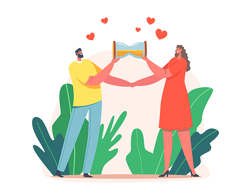 Happy Loving Couple Holding Hourglass, Spend Time Together. Joyful Lovers Sparetime, Dating. Man and Woman in Love, Characters Romantic Relationships, Feelings. Cartoon People Vector Illustration