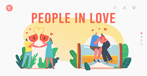 People in Love Landing Page Template. Happy Couples Relations. Loving Male and Female Characters with Heart Lock, Man and Woman Sitting on Huge Hourglass, Romantic Dating. Cartoon Vector Illustration