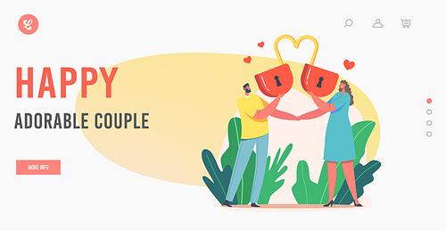 Happy Adorable Couple Landing Page Template. Loving Man and Woman Hold Huge Red Heart Padlock. Love, Romantic Dating, Newlywed Male and Female Characters Spend Time. Cartoon People Vector Illustration